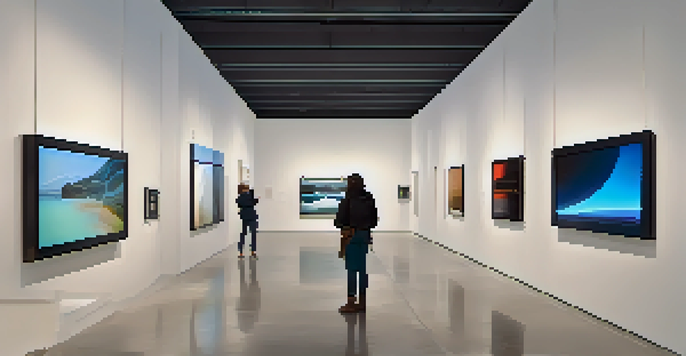 A modern art gallery interior with digital exhibitions and visitors interacting with the artwork.