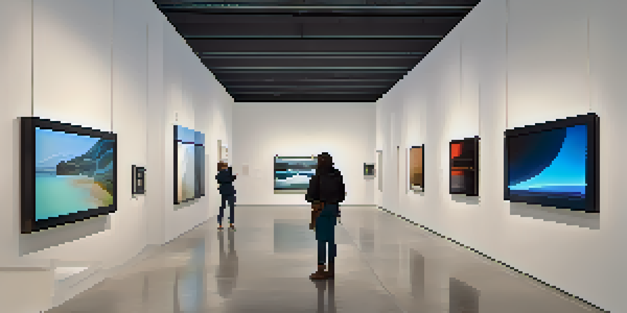A modern art gallery interior with digital exhibitions and visitors interacting with the artwork.