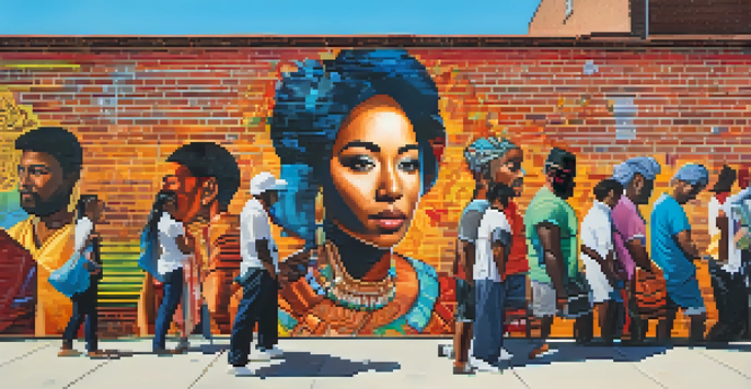 A colorful street art mural showing a diverse group of people, symbolizing cultural stories and connections.