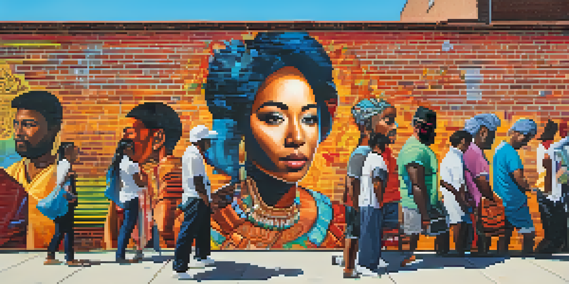 A colorful street art mural showing a diverse group of people, symbolizing cultural stories and connections.