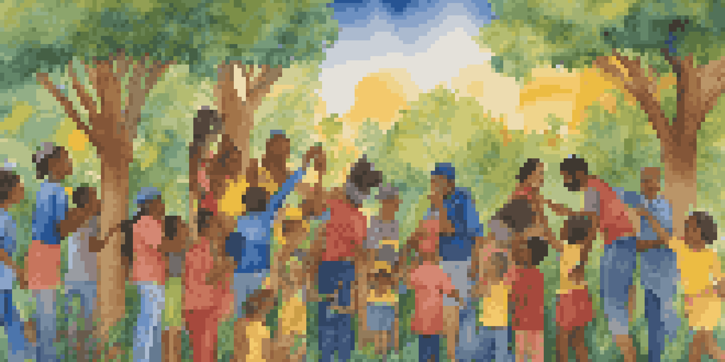 A colorful mural showcasing diverse faces and hands collaborating, surrounded by greenery under soft sunlight.