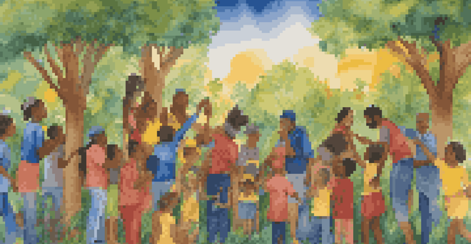 A colorful mural showcasing diverse faces and hands collaborating, surrounded by greenery under soft sunlight.