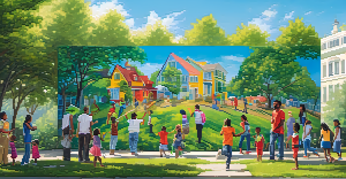 A diverse family joyfully painting a colorful mural in a park, surrounded by greenery and sunshine.