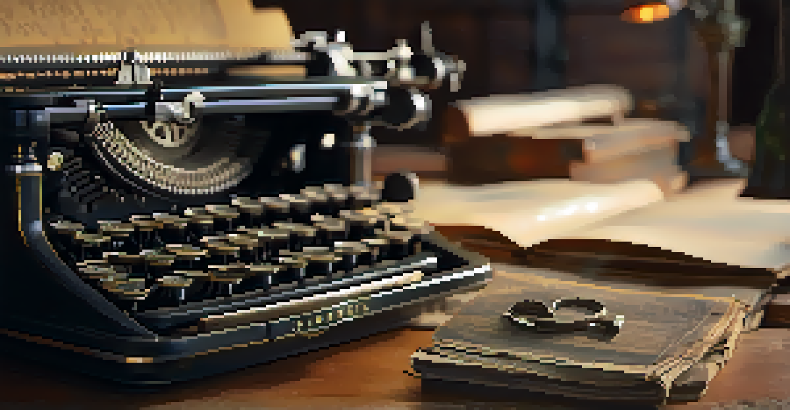 A close-up of a vintage typewriter with detailed keys and warm lighting, surrounded by sheets of parchment paper.