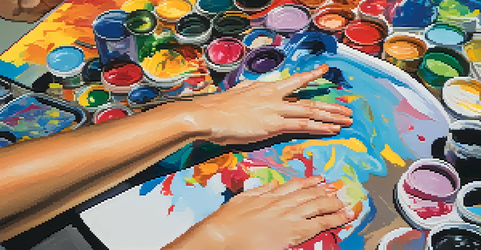 A close-up of a non-binary artist's hands covered in paint, blending colors on an abstract canvas, with other artworks in the background.