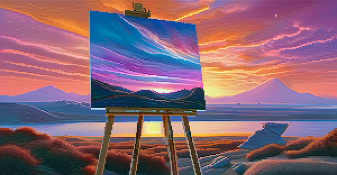 A surreal landscape showcasing a traditional easel with a blank canvas surrounded by vibrant digital elements and a colorful sunset sky.