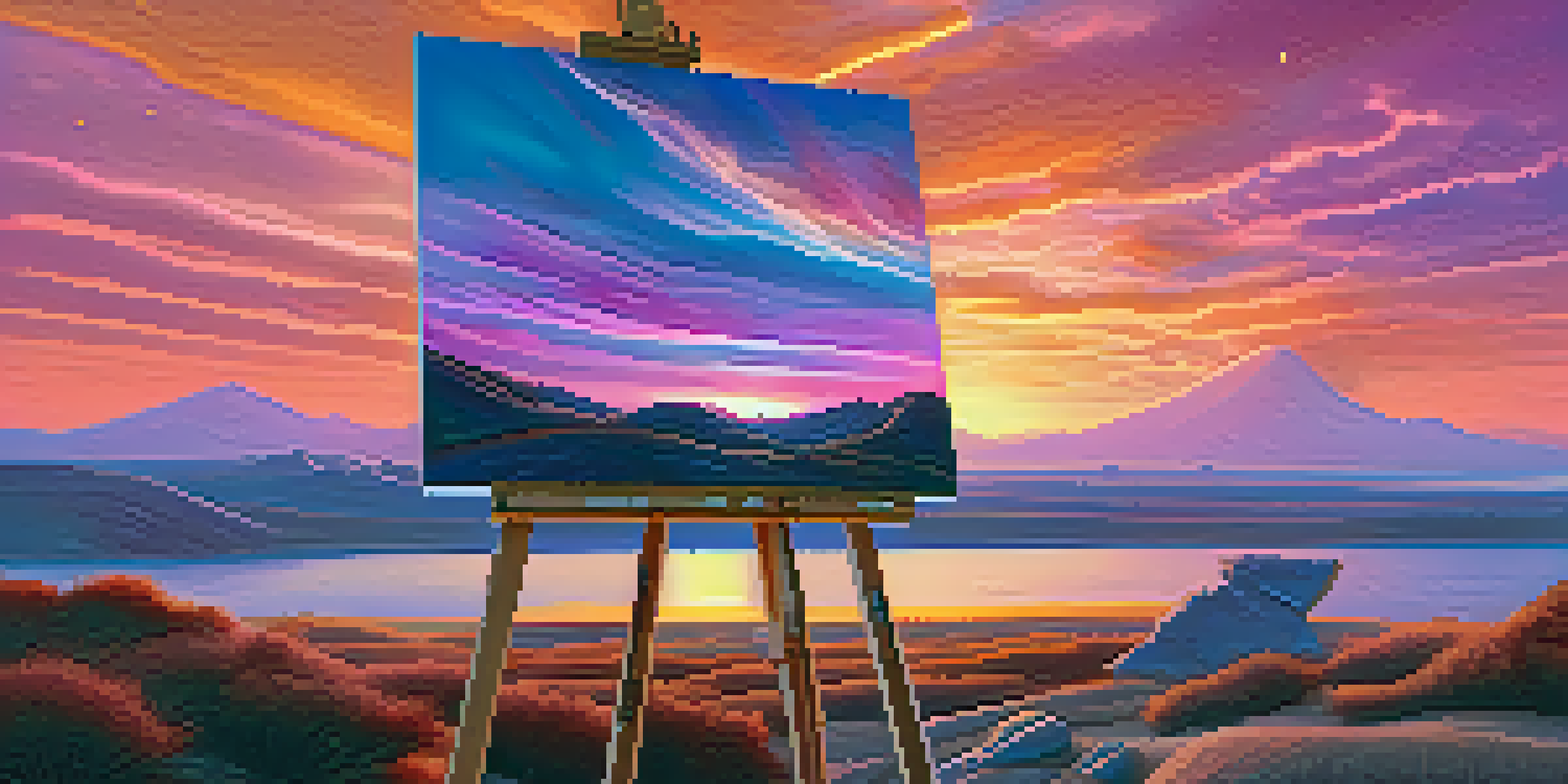 A surreal landscape showcasing a traditional easel with a blank canvas surrounded by vibrant digital elements and a colorful sunset sky.