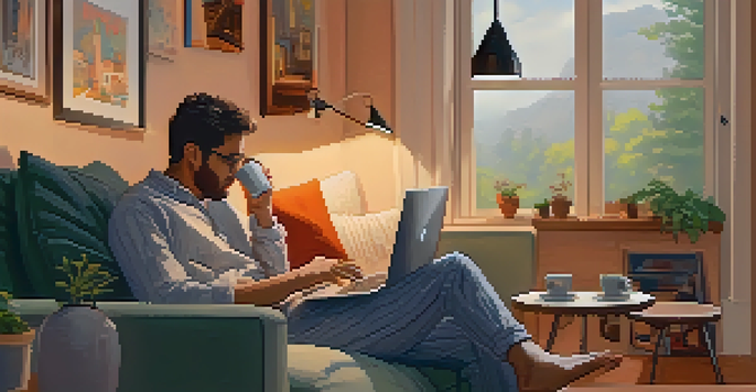 A person in pajamas sitting on a sofa with a laptop, exploring a virtual art gallery while sipping coffee in a warmly lit room.