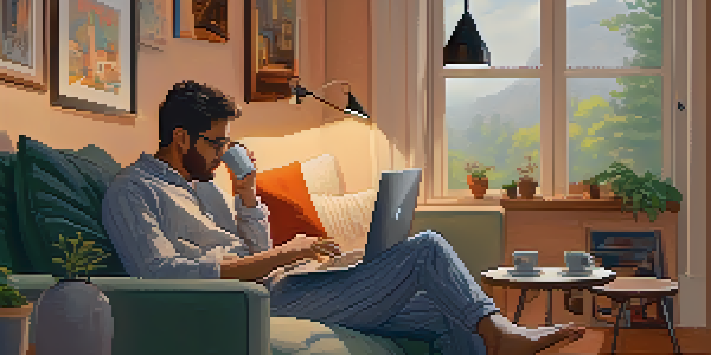A person in pajamas sitting on a sofa with a laptop, exploring a virtual art gallery while sipping coffee in a warmly lit room.