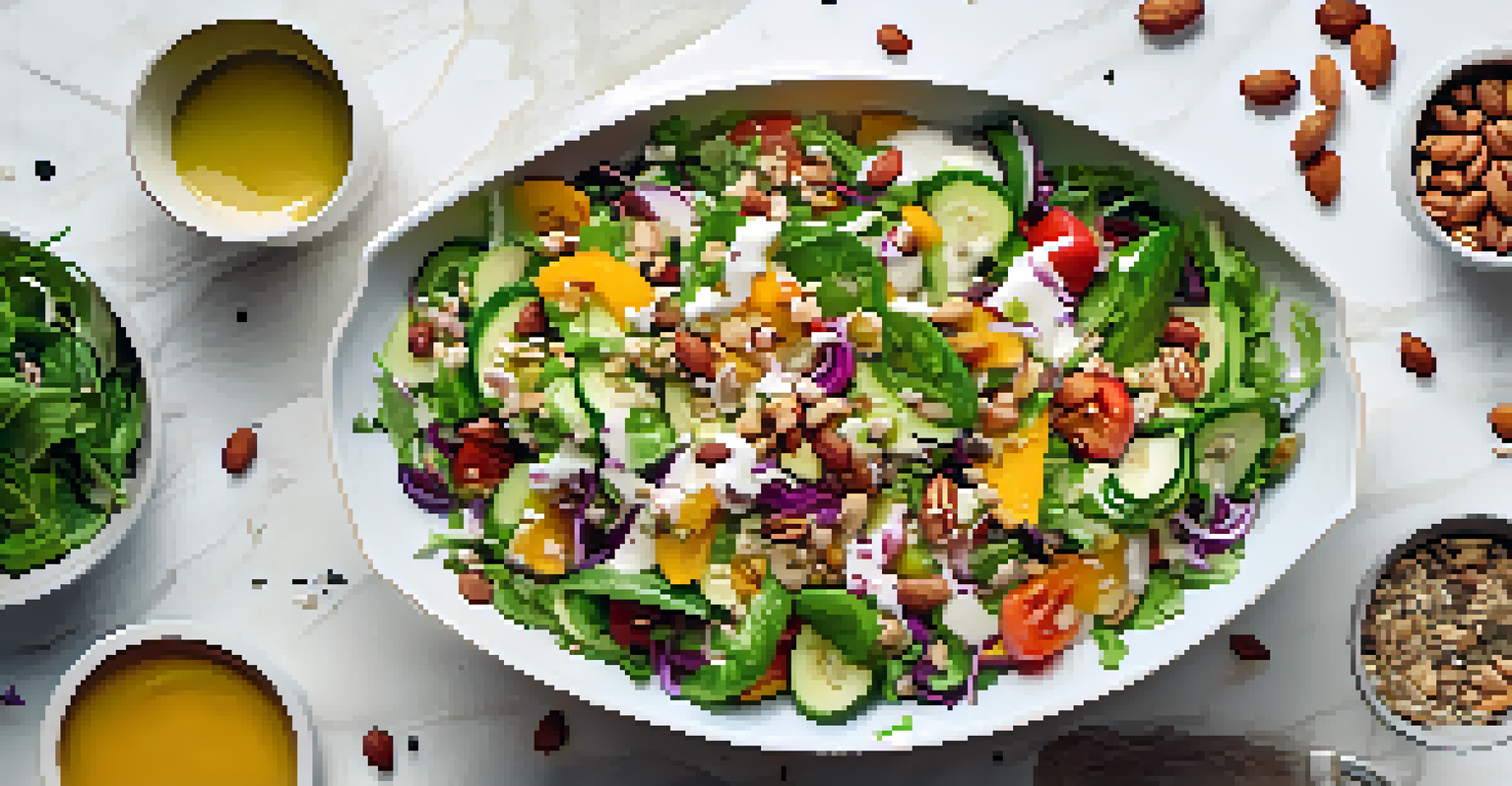 An overhead view of a colorful salad with fresh vegetables, toasted nuts, and a creamy dressing in a white bowl.