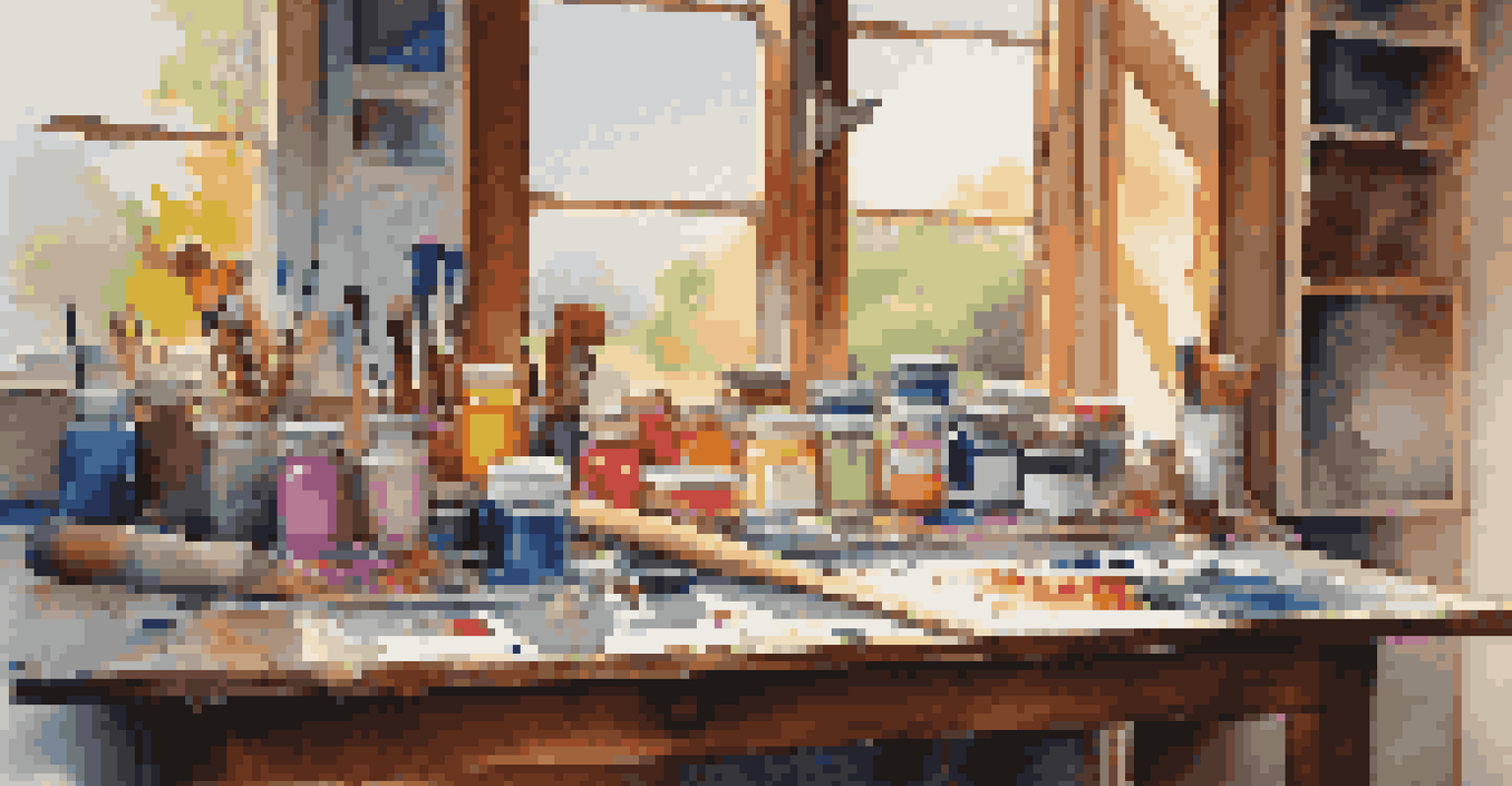 An artist's workspace featuring paints, brushes, and a half-finished colorful painting, illuminated by natural light.