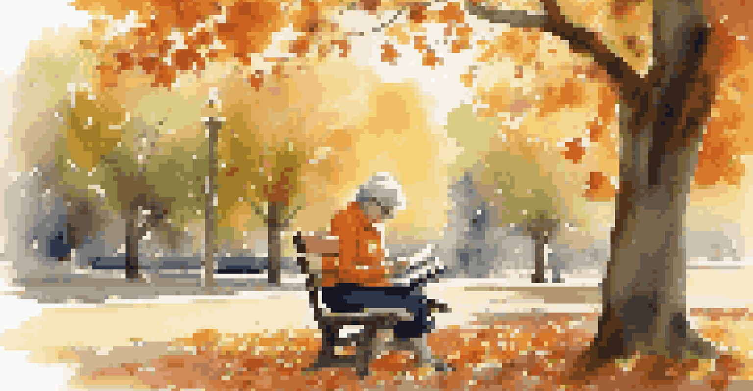 A senior woman sketching on a park bench surrounded by colorful autumn leaves, enjoying the tranquility of nature.