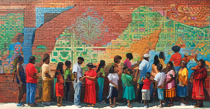 A colorful community mural illustrating diverse individuals engaged in art, with bright colors and intricate patterns on a brick wall, illuminated by sunlight.