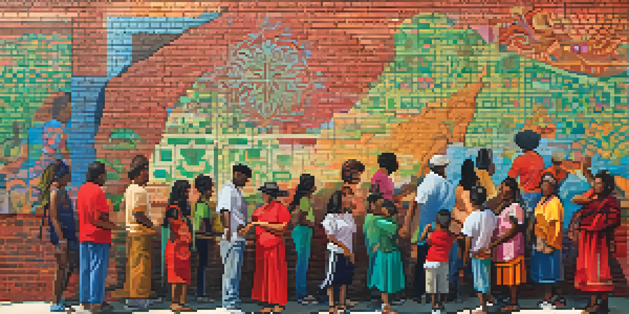 A colorful community mural illustrating diverse individuals engaged in art, with bright colors and intricate patterns on a brick wall, illuminated by sunlight.