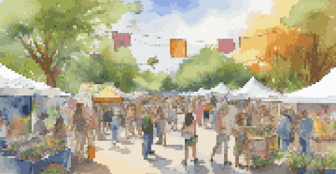 A lively community art fair with artists creating eco-friendly art from recycled materials, surrounded by visitors and greenery.