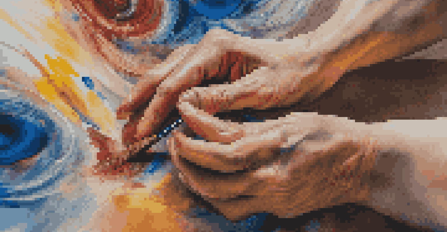 Close-up of hands painting an abstract artwork with bright colors on a canvas, showcasing details of the brush and paint.