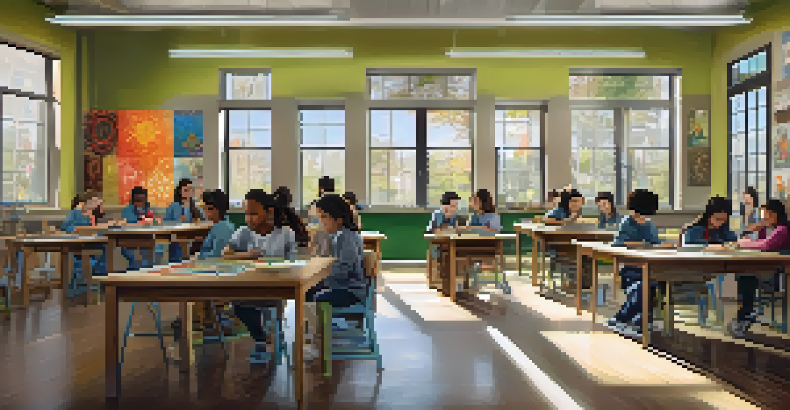 Students in an art classroom creating their own artworks, surrounded by diverse cultural art on the walls.