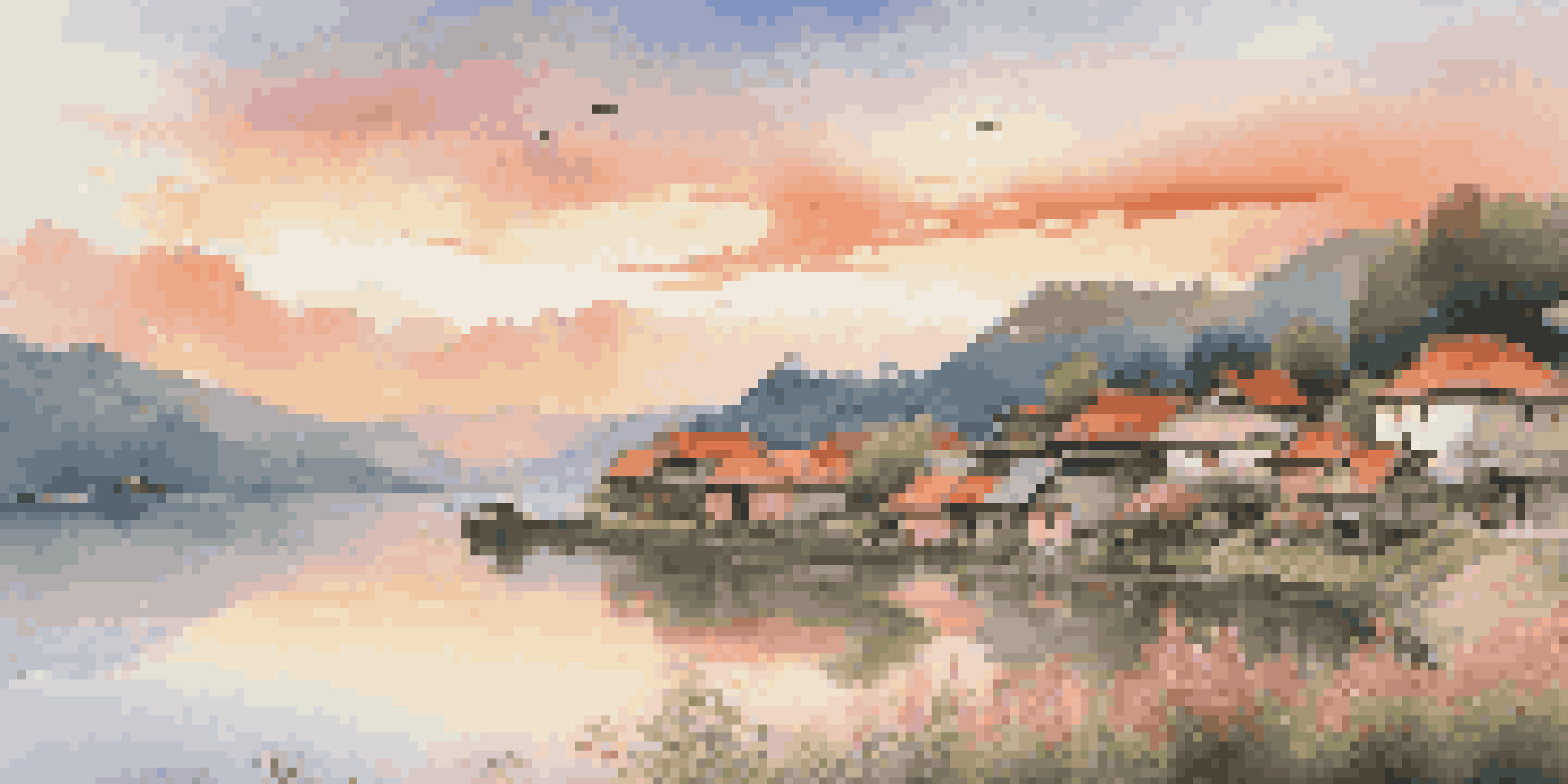 A picturesque village at sunset with traditional houses and a calm lake, capturing a nostalgic atmosphere.