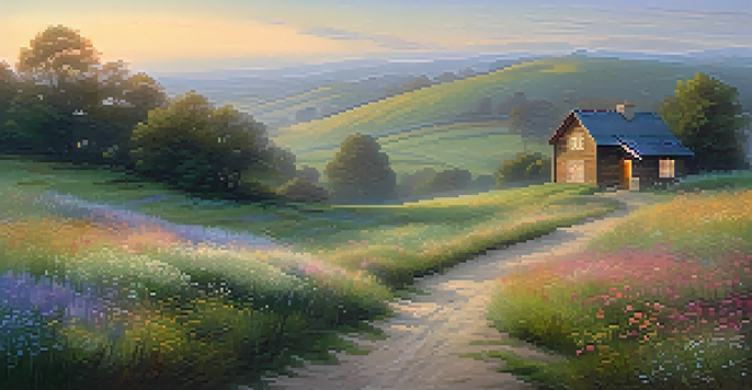 A peaceful countryside scene at dawn, with rolling hills, wildflowers, a dirt path, and a wooden cottage, all illuminated by soft golden light.