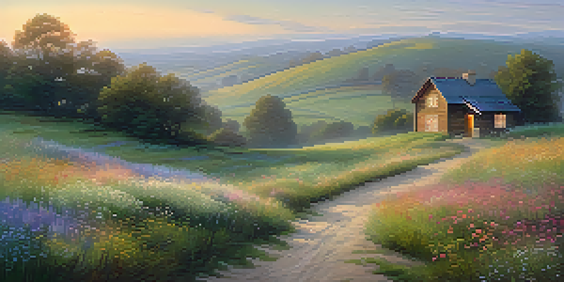 A peaceful countryside scene at dawn, with rolling hills, wildflowers, a dirt path, and a wooden cottage, all illuminated by soft golden light.