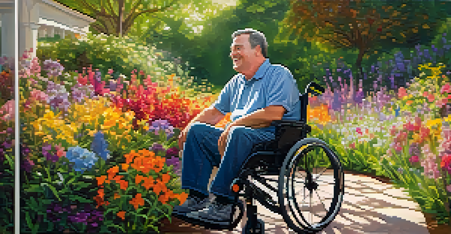 A middle-aged man with a disability painting in a garden, surrounded by colorful flowers, highlighting creativity and resilience.