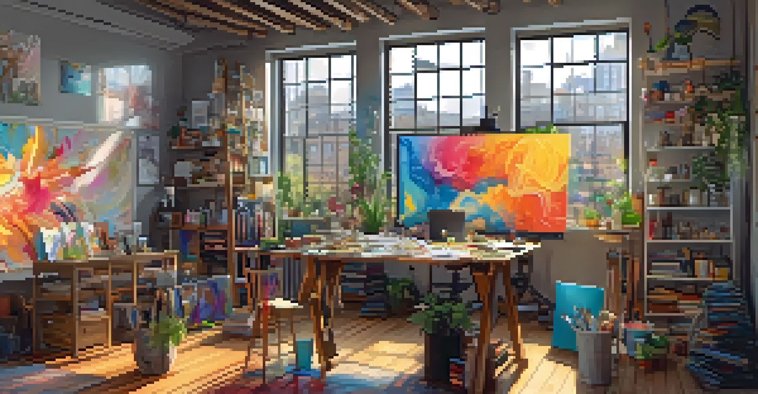 An artist's studio with two artists collaborating on a large mural, surrounded by vibrant canvases and digital art tools, illuminated by warm sunlight.
