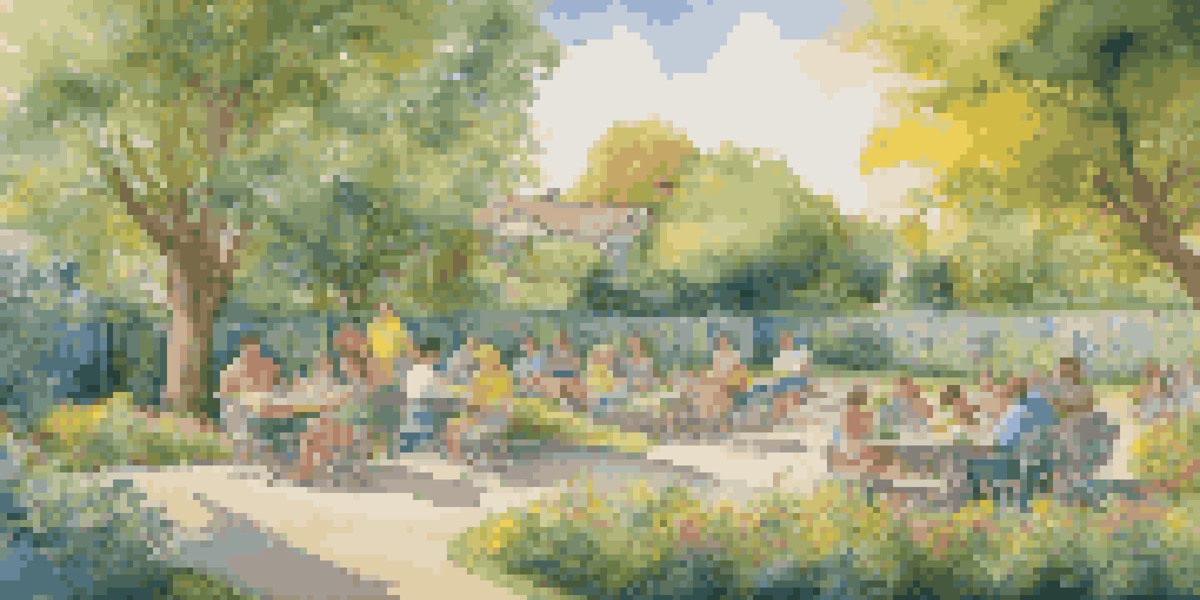 A colorful mural showing a family having a picnic in a park, surrounded by trees and flowers.