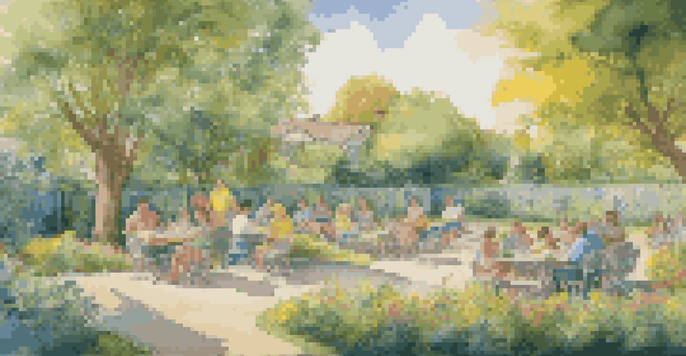 A colorful mural showing a family having a picnic in a park, surrounded by trees and flowers.