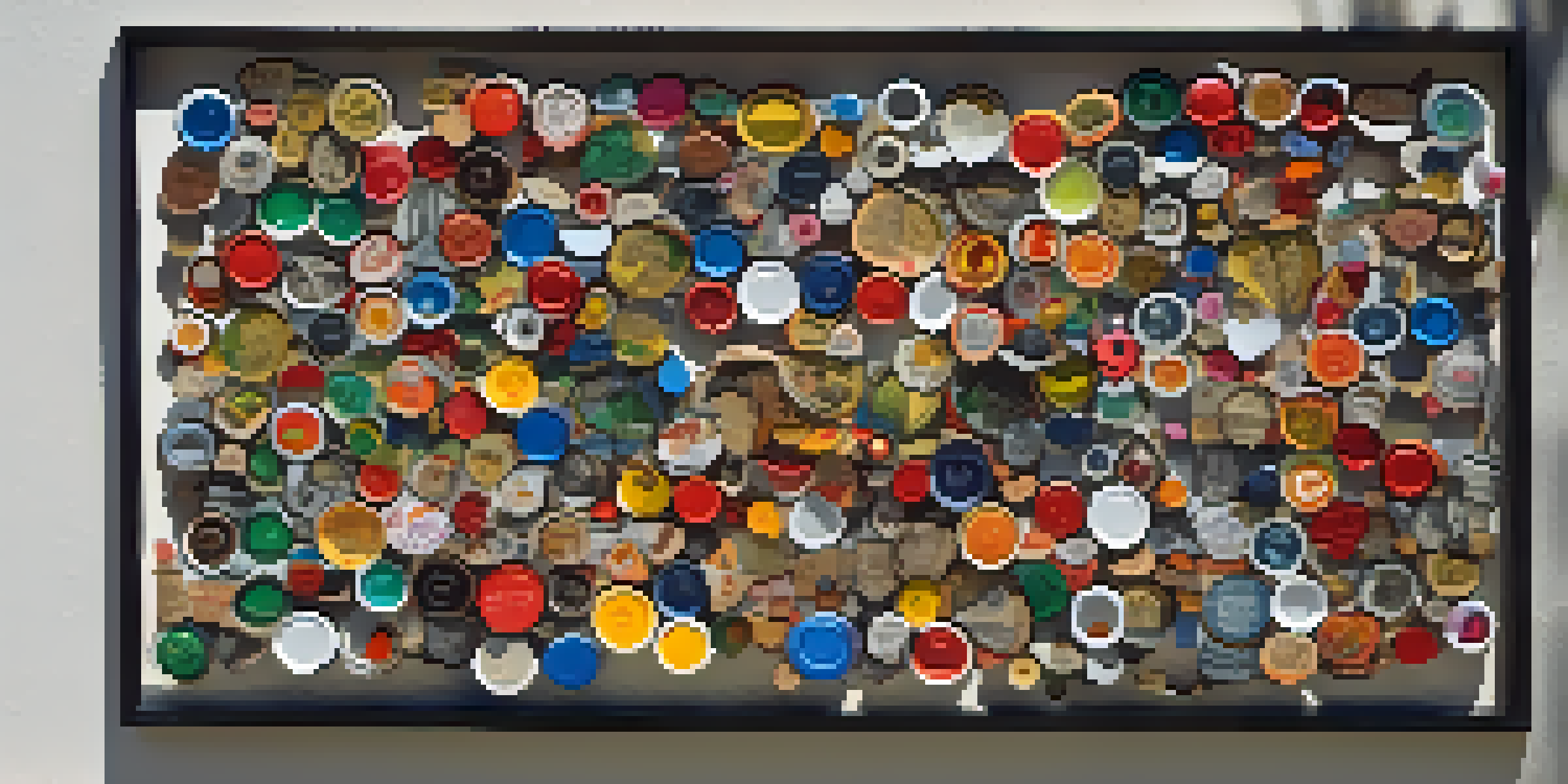 A colorful mixed-media sculpture made from recycled materials, including bottle caps and metal scraps, displayed in a sunny park with trees in the background.
