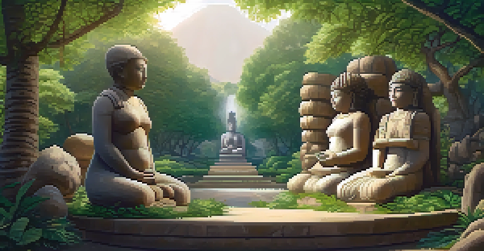 A peaceful outdoor scene featuring an ancient stone statue of a woman surrounded by vibrant greenery and sunlight.