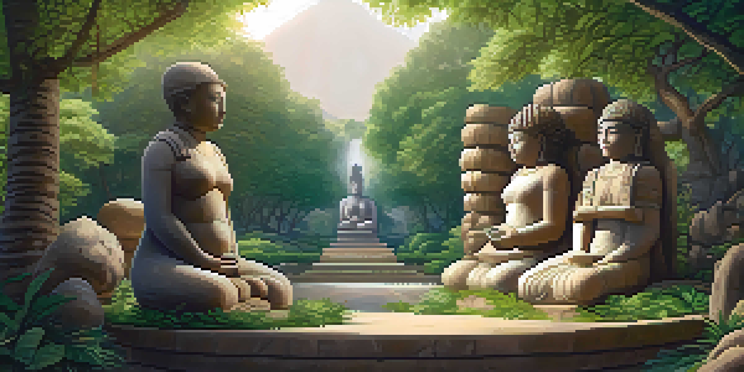 A peaceful outdoor scene featuring an ancient stone statue of a woman surrounded by vibrant greenery and sunlight.