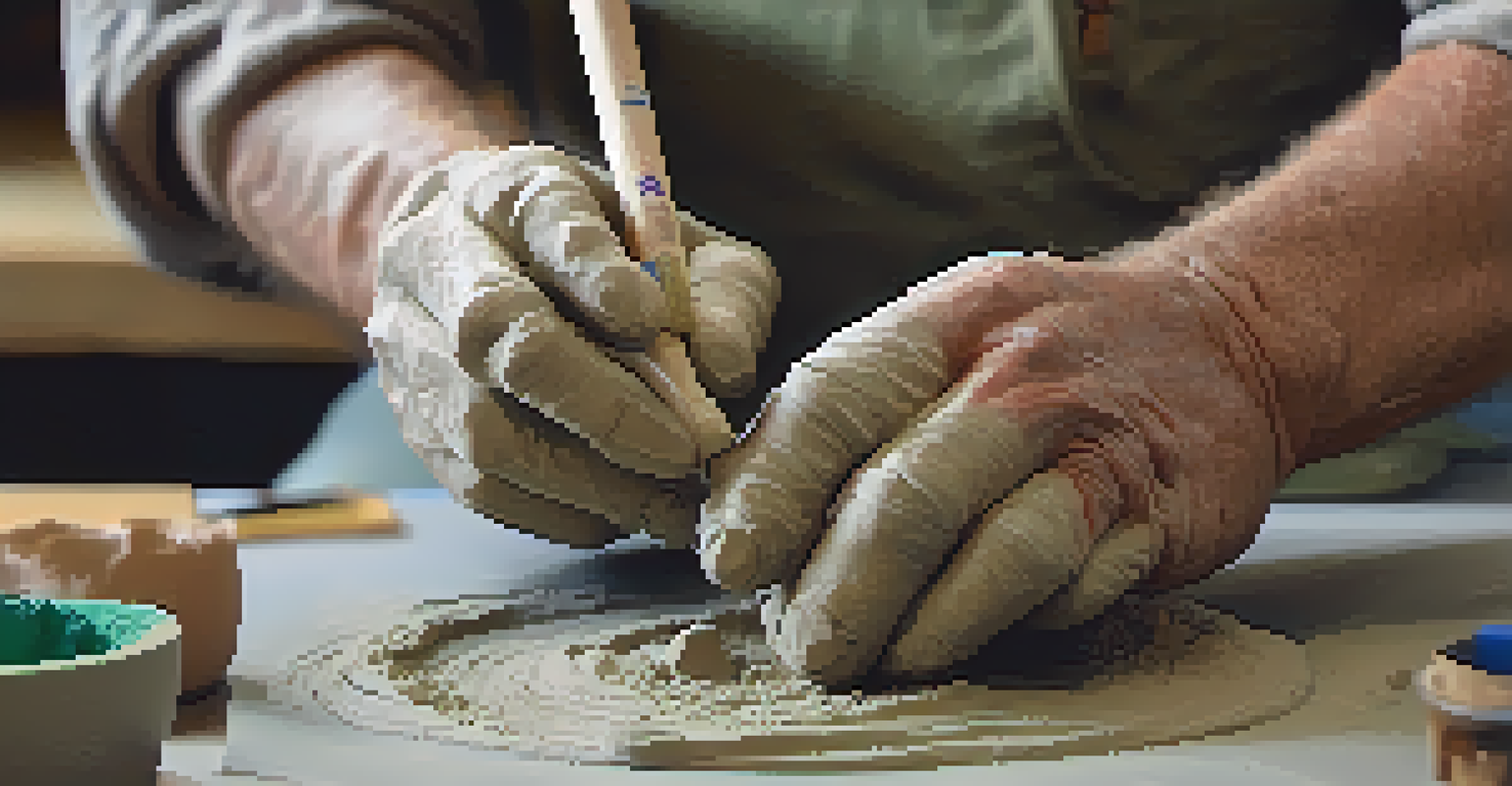 Close-up of a veteran's hands molding clay into a sculpture in a bright studio, emphasizing the therapeutic process.