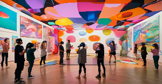 A group of diverse individuals in a gallery wearing VR headsets, exploring a colorful abstract 3D landscape.