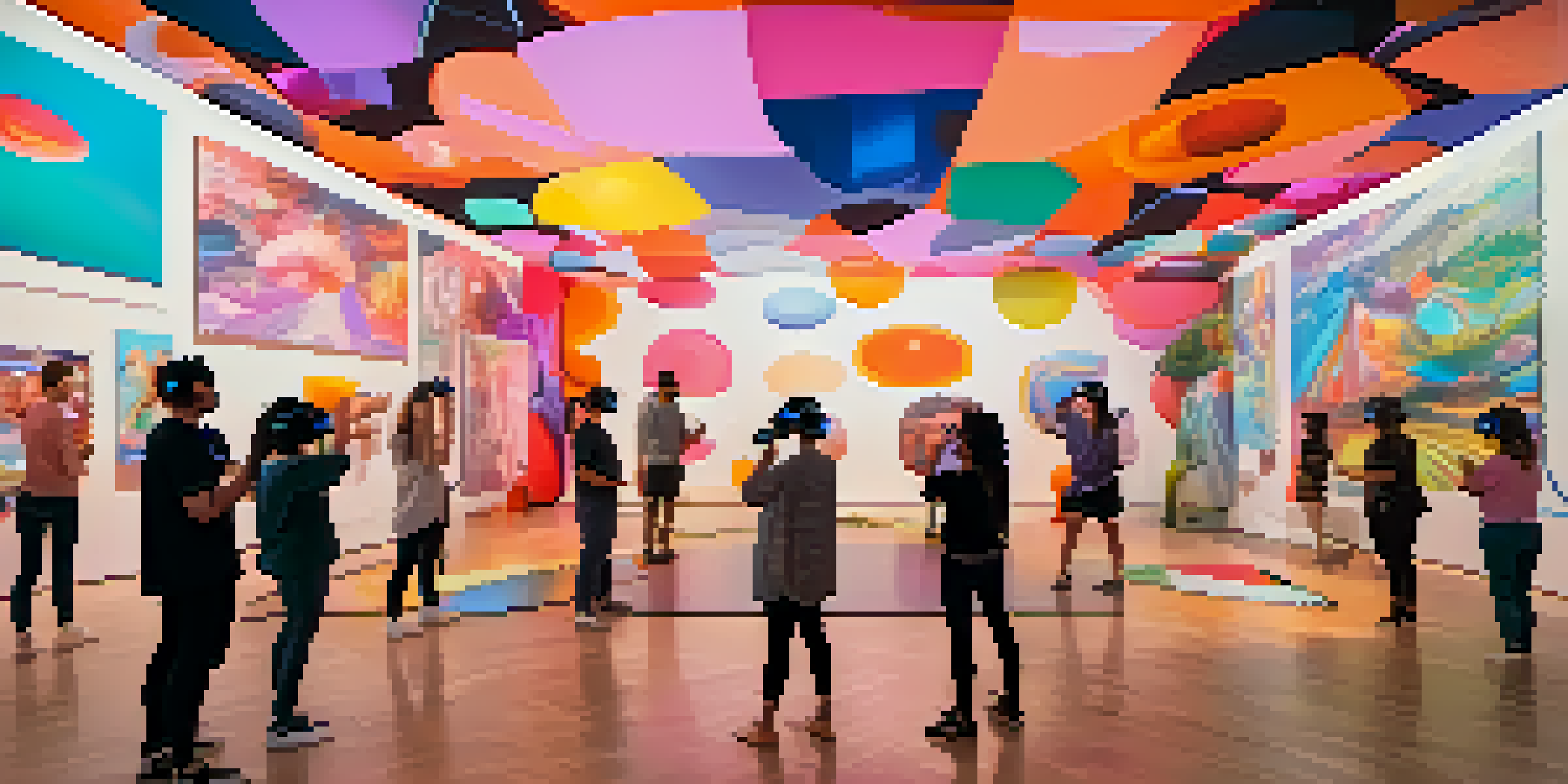 A group of diverse individuals in a gallery wearing VR headsets, exploring a colorful abstract 3D landscape.