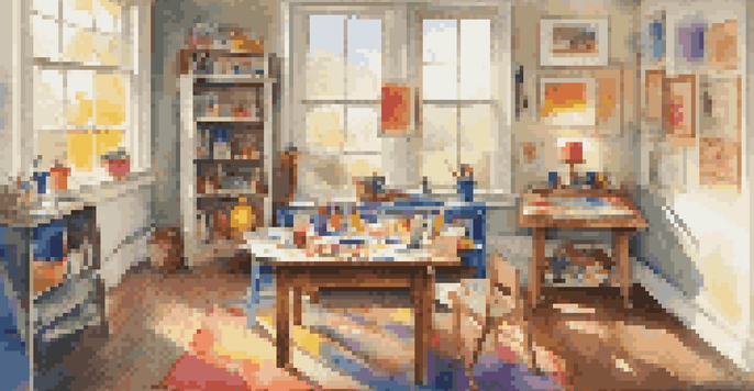 A cozy family art corner filled with art supplies and children's artwork on the walls, illuminated by natural light.