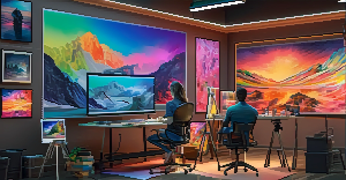 A digital art studio with an artist using advanced technology tools, surrounded by colorful artworks.