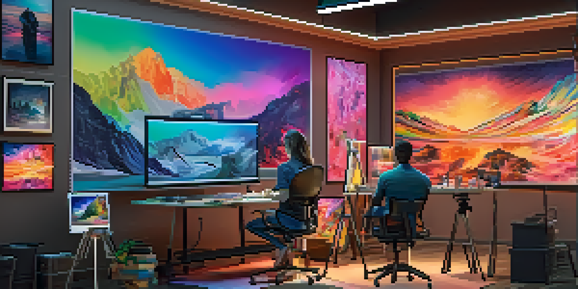 A digital art studio with an artist using advanced technology tools, surrounded by colorful artworks.