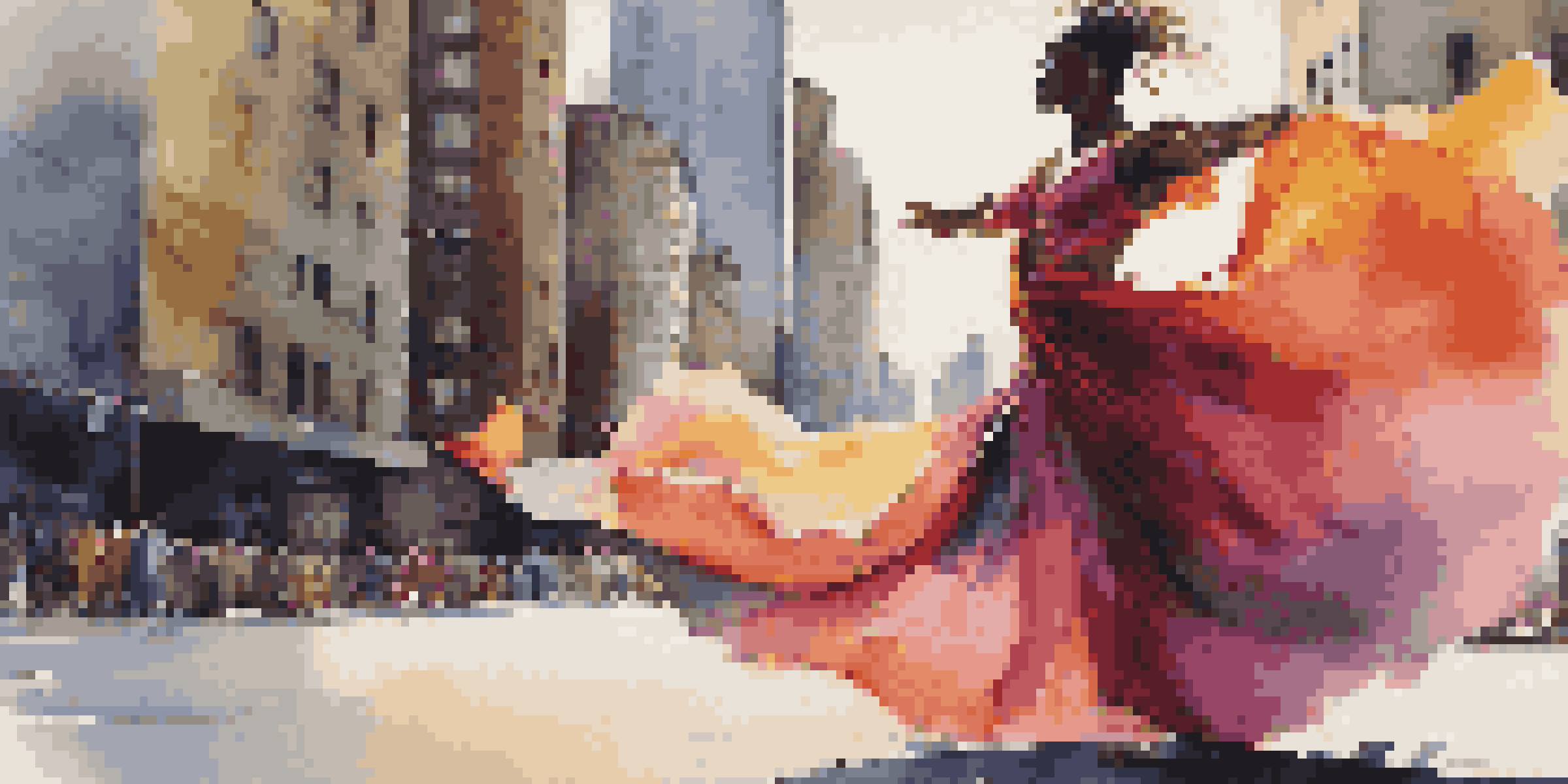 A performance artist in colorful costume expressing emotions in a busy urban environment.