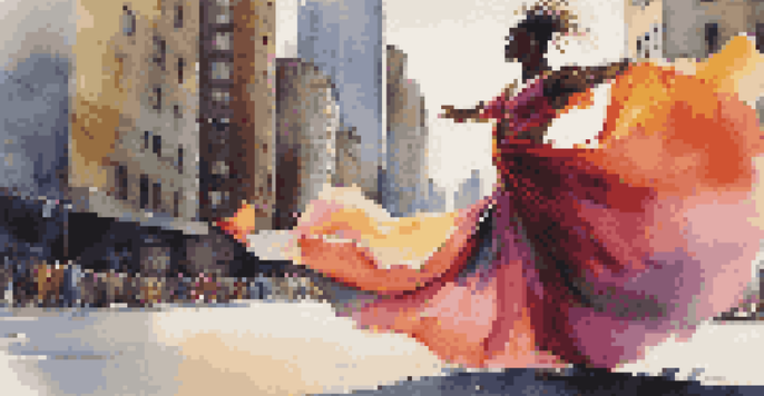 A performance artist in colorful costume expressing emotions in a busy urban environment.