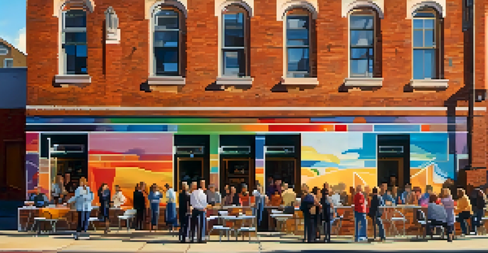 An urban scene with a colorful mural on a brick building, small shops, and people enjoying the ambiance during sunset.