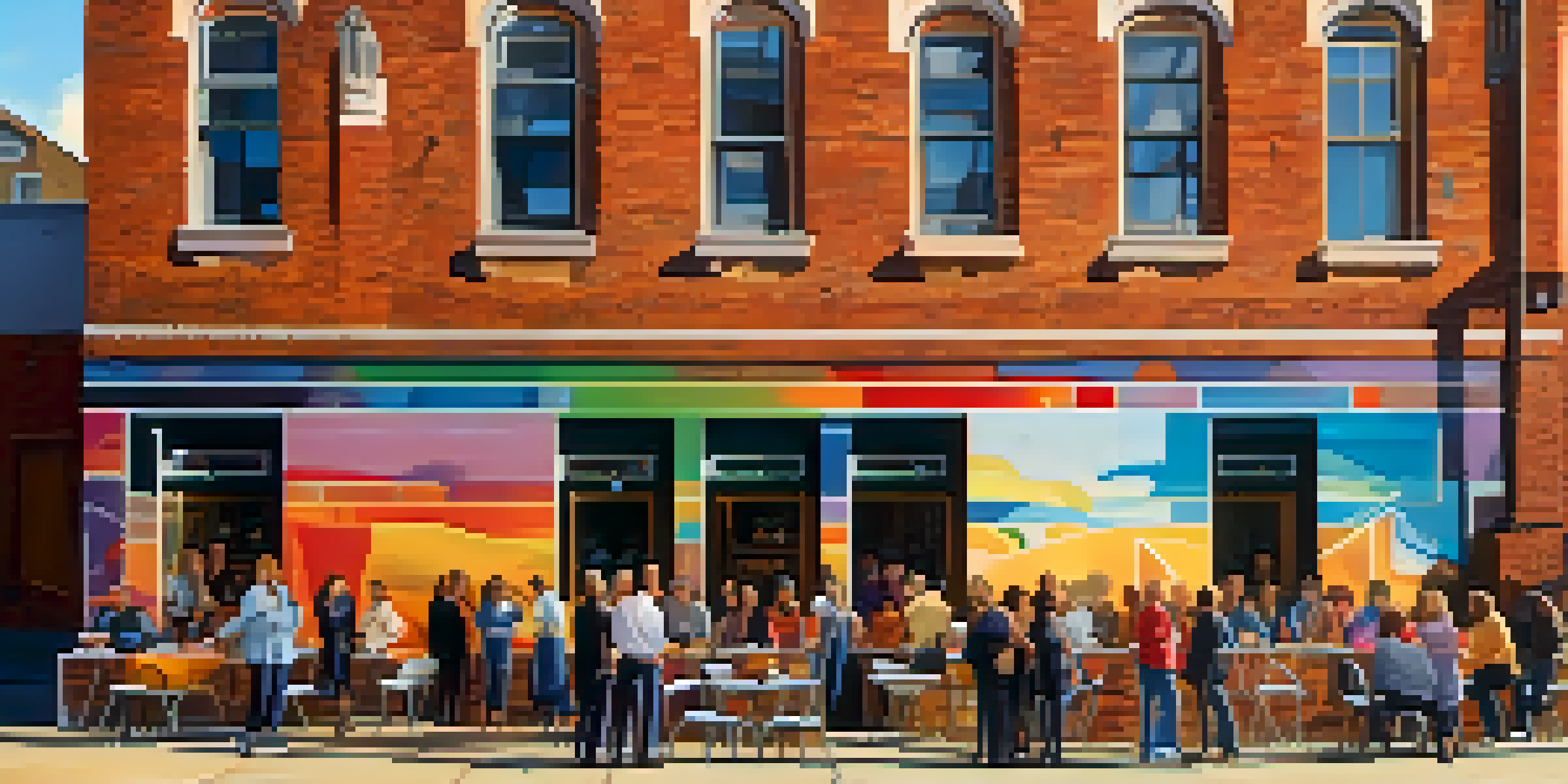 An urban scene with a colorful mural on a brick building, small shops, and people enjoying the ambiance during sunset.