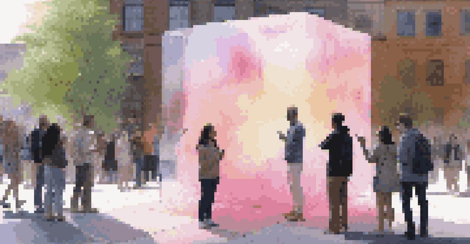 An interactive sculpture that changes color based on air quality, with people engaged around it in a public space.