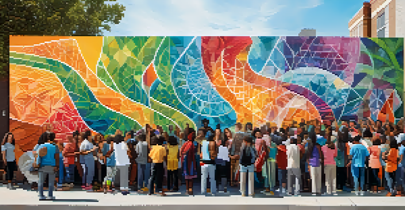 A diverse group of people working together on a colorful mural that symbolizes unity and spirituality.