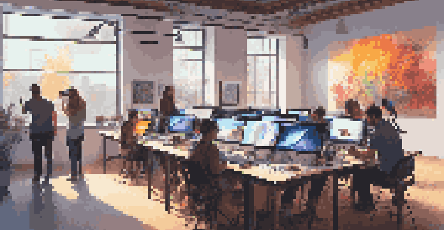 An indoor digital art studio with artists using tablets and computers, illuminated by natural light and colorful artwork on the walls.