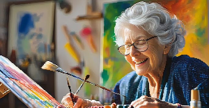 A close-up portrait of an elderly woman with silver hair happily painting in a sunlit studio, surrounded by vibrant colors and art supplies.