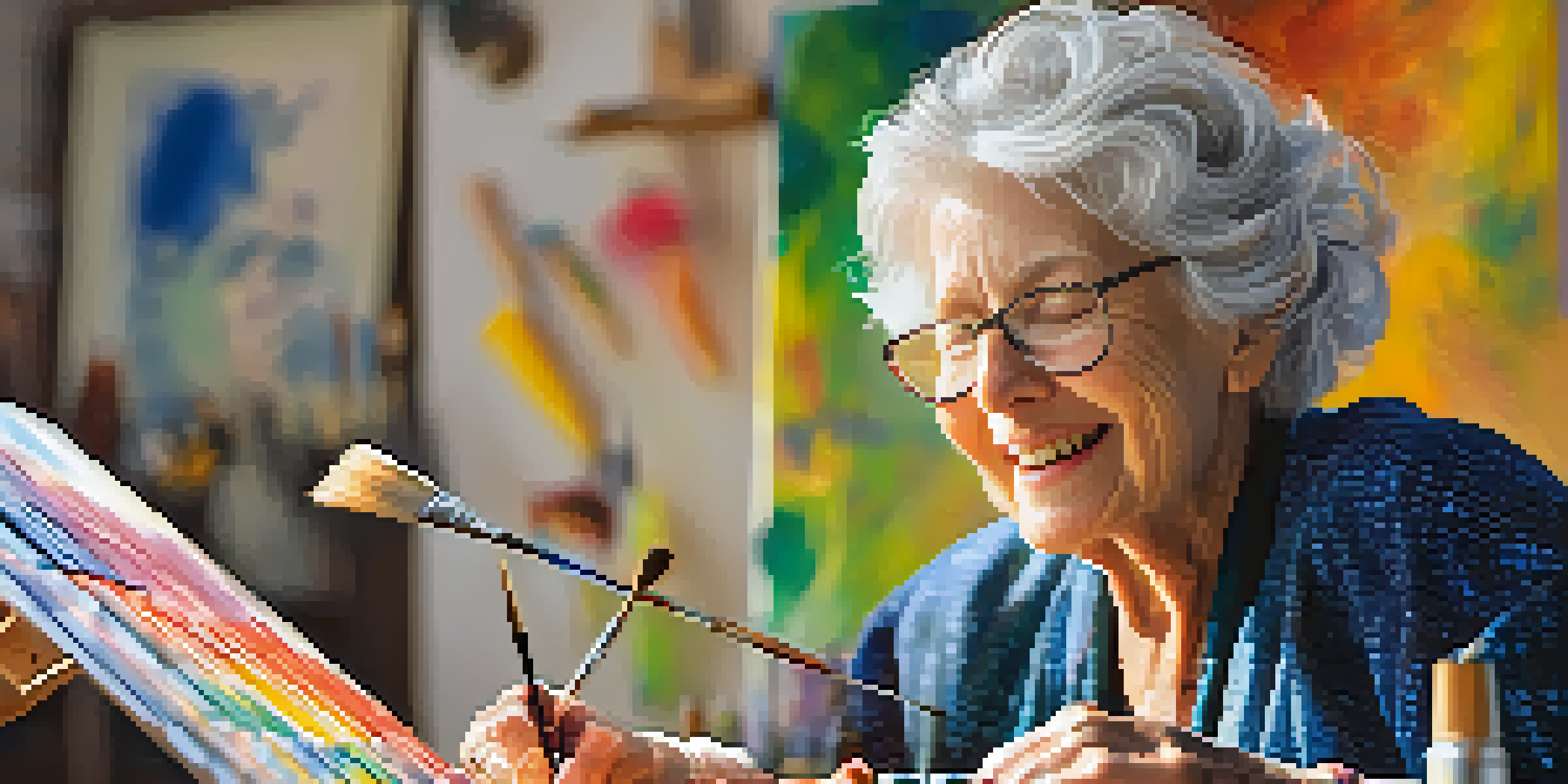 A close-up portrait of an elderly woman with silver hair happily painting in a sunlit studio, surrounded by vibrant colors and art supplies.