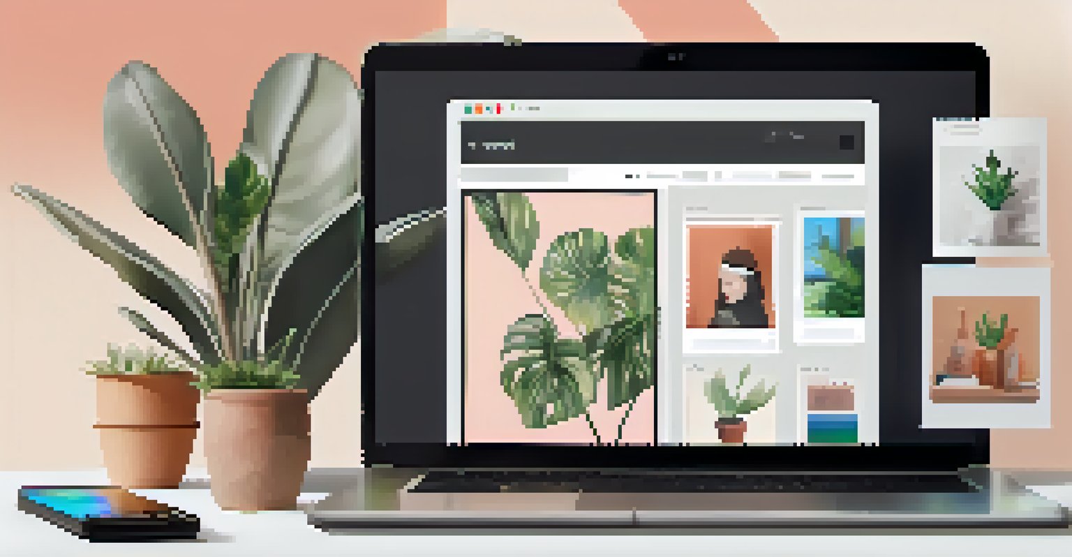 A laptop displaying a digital art marketplace with various artworks on the screen.
