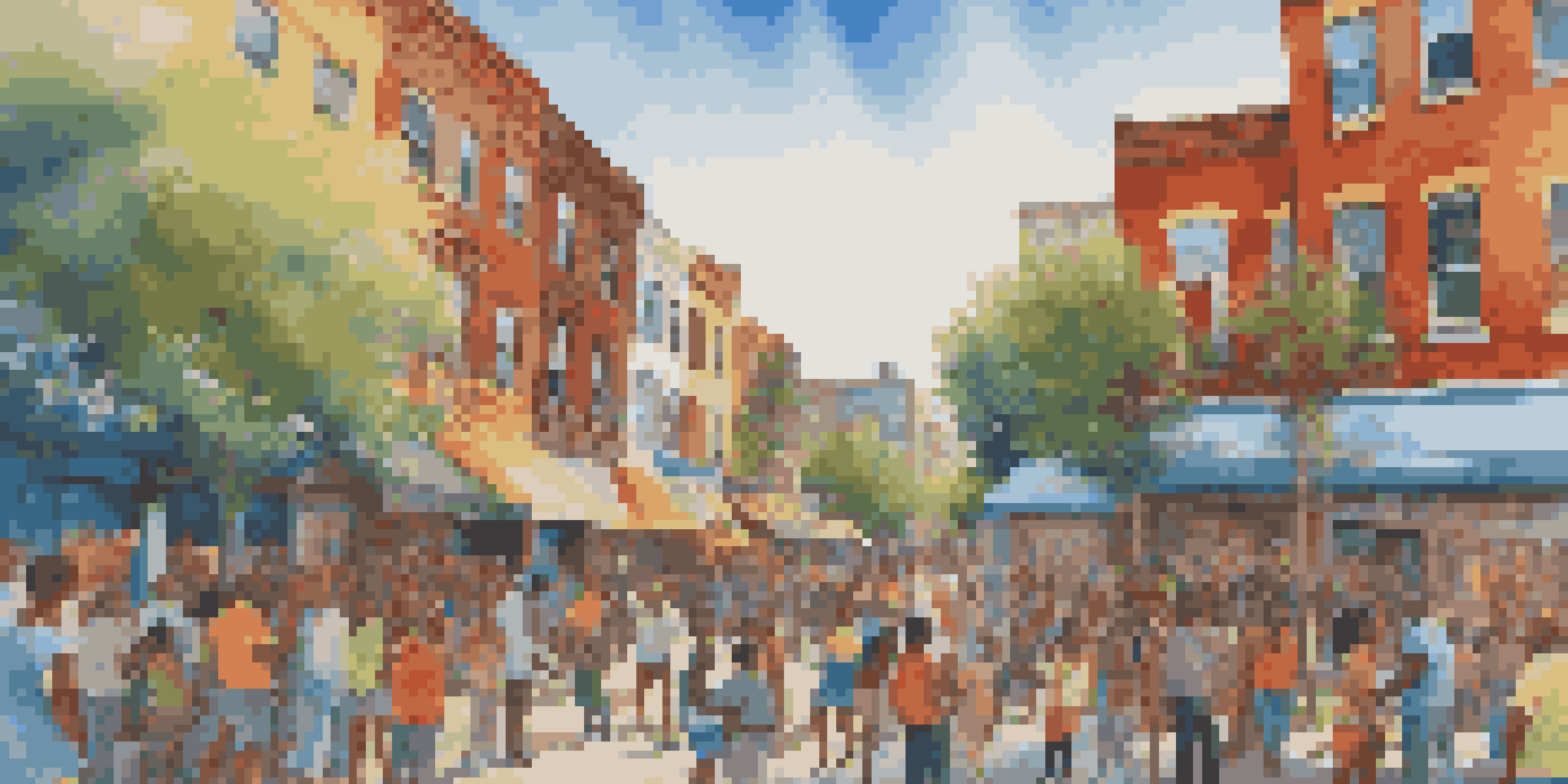 A colorful mural showing diverse community members sharing stories in a revitalized urban area under a blue sky.