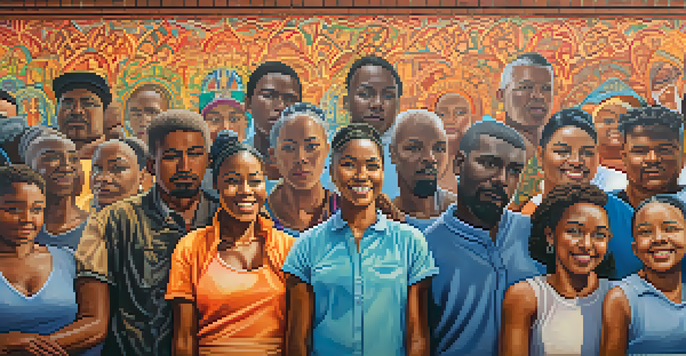 A colorful mural showing diverse individuals standing together, symbolizing unity against racial injustice, illuminated by sunlight.