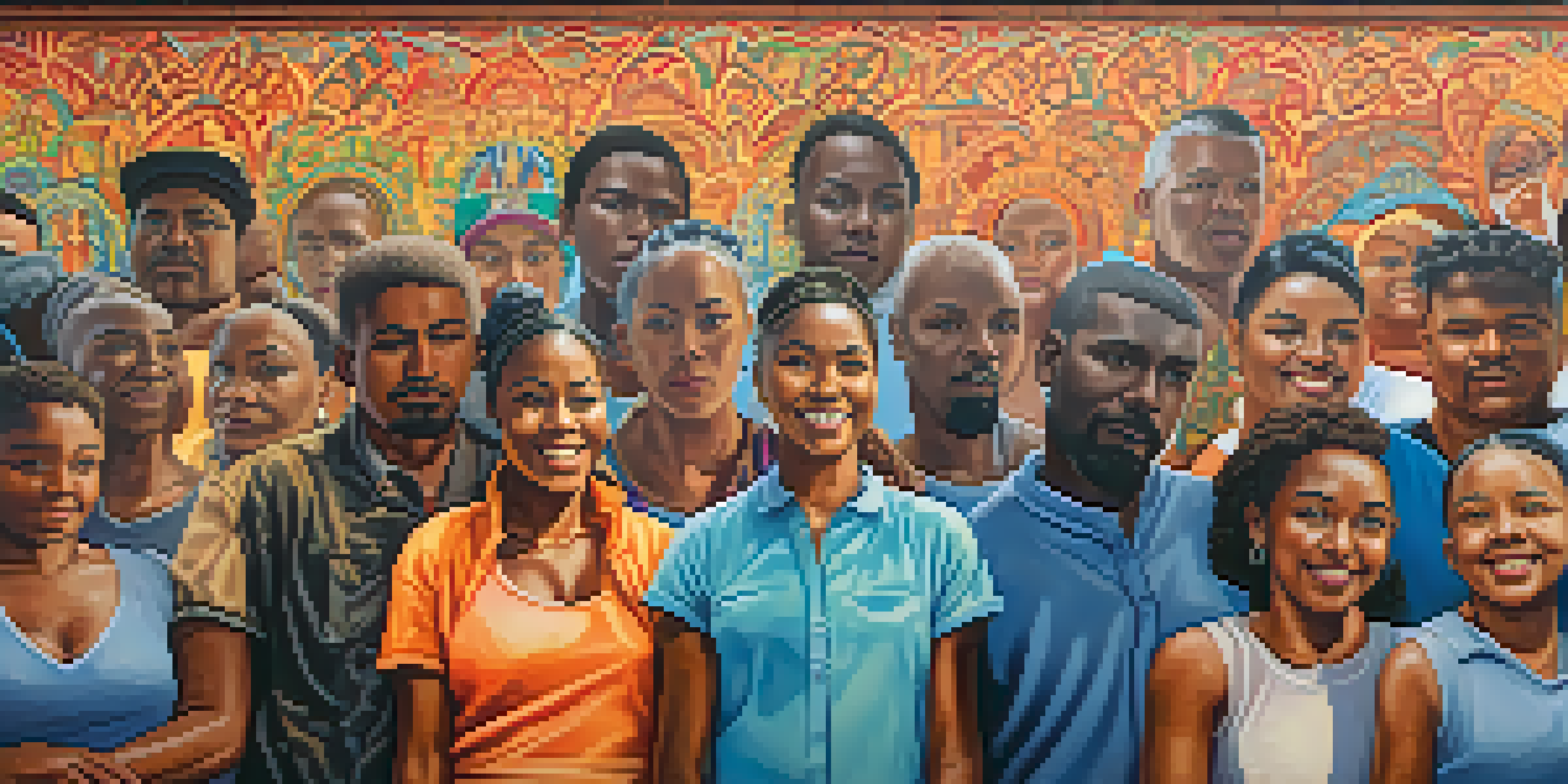 A colorful mural showing diverse individuals standing together, symbolizing unity against racial injustice, illuminated by sunlight.